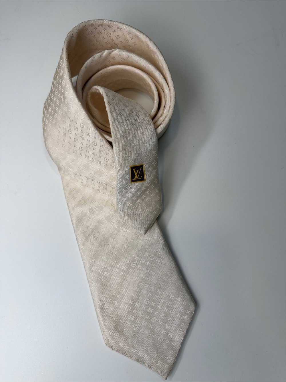 Louis Vuitton Cream Monogram Silk Tie with LV Crest